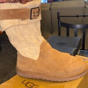 UGG Chestnut Suede Boots with Cream Knit Cuff